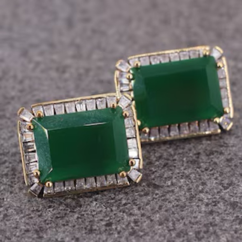 Sterling Silver 925 Emerald Earrings Rectangle Goldtone Handmade In Turkey 1”